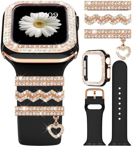 Dabaoza תואם להקה של Apple Watch עם מארז נצנצים, לולאות טבעת דקורטיביות לנשים לנשים רצועה רכה סיליקון וקסמי מתכת לסדרה IWatch SE 8/7/5/4/3/2/1