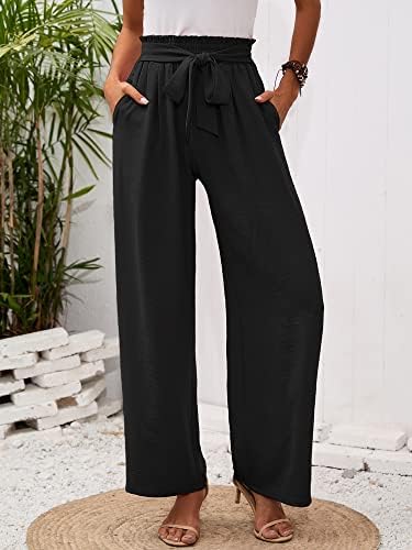 נשים רחב רגל טרקלין מכנסיים עם כיסים קל משקל גבוהה מותן מתכוונן עניבת קשר רופף מכנסיים