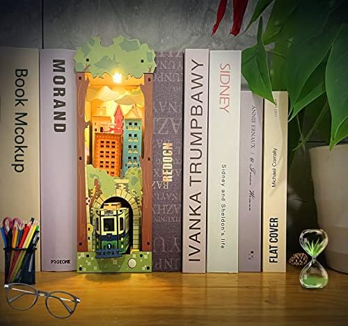 ערכת Nook Book Sook, ערכת בית מיניאטורה 3D Puzzle מעץ DIY בית ספר ספר ספר ספרים מדף ספרים עם ערכת מלאכה של LED Light Bookend, מתנות יצירתיות