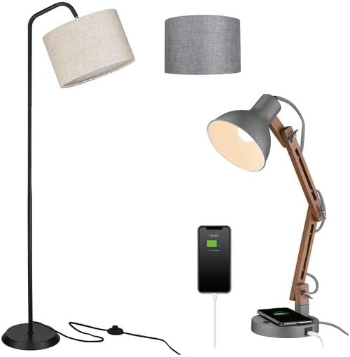 מנורת רצפה מודרנית של אליונה עם מנורת שולחן LED, מנורת שולחן ליד המיטה עם טעינה אלחוטית ונמלים מסוג C לחדר שינה, סלון, משרד, נורה כוללת