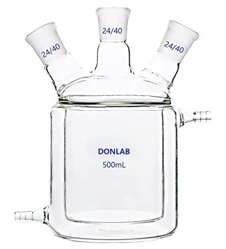 DONLAB CFL-0500 זכוכית 500 מל 3-צווארון שכבה כפולה שכבה תחתונה שטוחה בתחתית בתחתית כור מעיל, עם שלושה מפרקי זכוכית קרקע 24/40