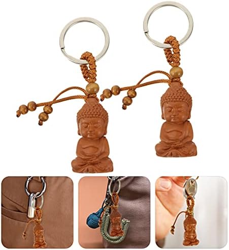 Vorcool 2 pcs מעץ בודהה מחזיק מפתחות סיני פנג שואי קירינג מגולף בודהה מחזיק מפתח מזל טוב מתנה לברכת תליון