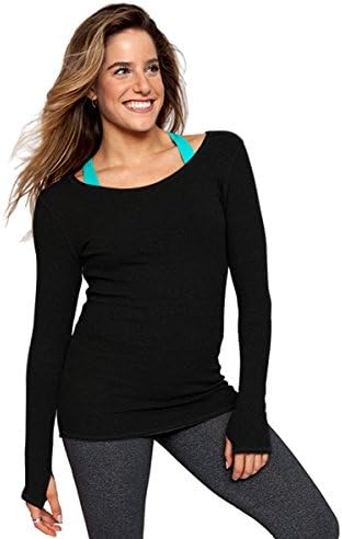 שרוול ארוך לנשים נמתח צוואר רופף צוואר חור אגודל מזדמן סוודר פעיל, בינוני, שחור