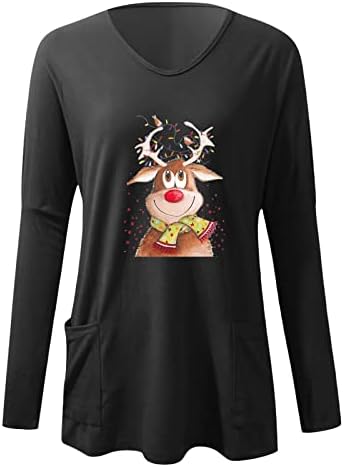 חולצות חג המולד של Beuu לנשים צוואר צוואר מזדמן הדפס צבי הדפסת שרוול ארוך חולצות טקס רופפות רכות סוודר Midi Tee Tops