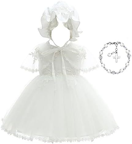חלום קשת 4 יחידות טבילת תינוק שמלת שמלת שמלת תחרה קרדיגן + מצנפת + תלבושות חתונה של צמיד פנינה