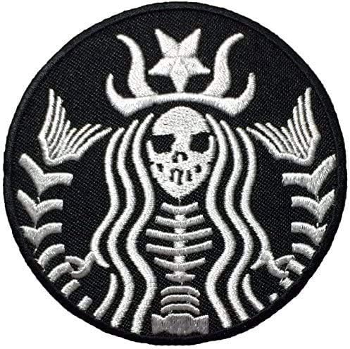 PatchClub Dead Mymaid Cafe Cafe Starbuck קפה טלאי ברזל/תפור על שלד גולגולת ליל כל הקדושים טלאים רקומים - שחור
