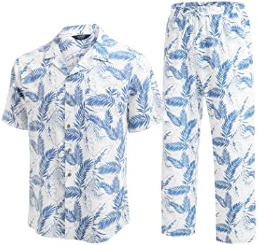 קואופנדי גברים תלבושות פשתן 2 חלקים תלבושת חוף חוף חולצה הווייתית מכנסיים ארוכים