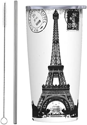 Ammamear France Paris Eiffel Towel Love City City Black Tumbler עם מכסה וקש, 20 גרם ספל קפה מבודד מפלדת אל חלד, ספל נסיעות למשקה חם וקור