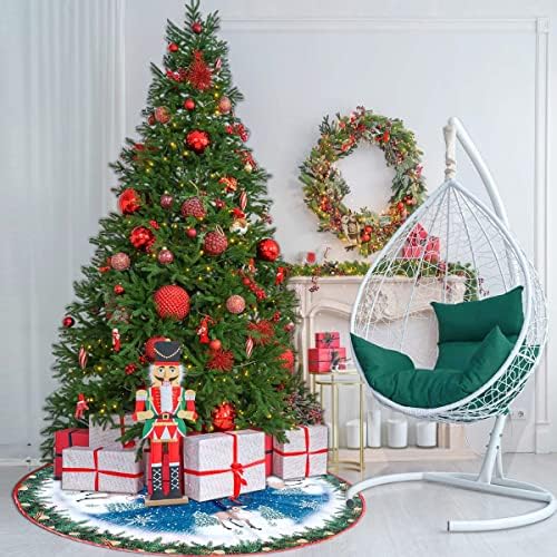 חצאית עץ חג מולד כפרי 36 אינץ ', חצאית עץ יוטה קישוטים לחג המולד, סנטה קלאוס, איילים, קונוסים אורנים, ענפים חלביים ואשכולות פירות יער