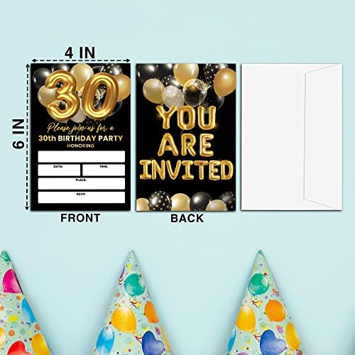 כרטיסי הזמנות למסיבת יום הולדת 30, הזמנת יום הולדת של מבוגרים בשחור וזהב, הזמנת מילוי בלון זהב דו צדדי מזמין לגברים/נשים, 20 הזמנה עם