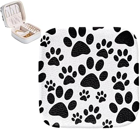 Javenprequeqt PU עור תכשיטים קטנים קופסת תכשיטים שחור כלב הדפסי כף, תיבת מארגן תכשיטים ניידים לנשים לבנות, מיני תכשיטים מארז לשרשראות
