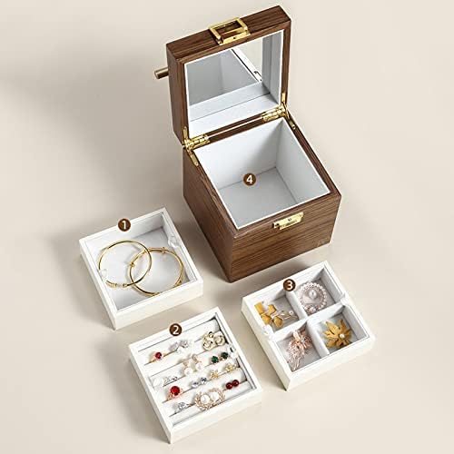 מארגן תכשיטים של ברוויקס קופסאות מארגני תכשיטים מעץ לנשים מארז תכשיטים וינטג 'ניידים עם מראה קיבולת גדולה מארז אחסון תכשיטים לשרשראות,
