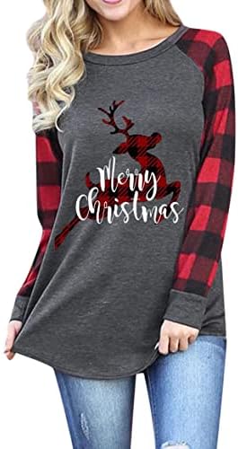 חולצות חג מולד לנשים סתיו אופנה 2022 חג המולד משובץ באפלו משובץ רגלן בייסבול סווטשירט סווטשירט סווטשירס שרוול ארוך