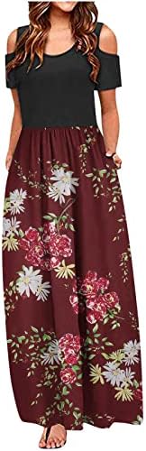 שמלות לנשים 2023 אופנה קיץ פרחונית כתף קר פרחית שמלת שרוול קצר מזדמן שמלת מקסי רופפת עם כיס