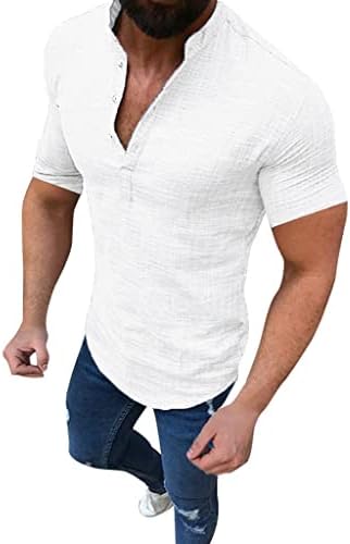 חולצות פשתן של אמזוק לגברים, פשתן גברים מזדמנים חולצה קצרה עם שרוולים מזדמנים צווארון צווארון צווארון צווארון קיץ