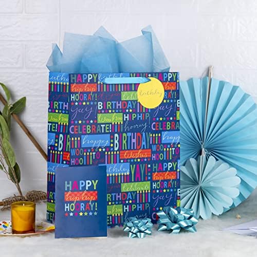 Lezakaa 15.5 שקיות מתנה גדולות במיוחד עם נייר טישו כחול, תג, כרטיס ברכה ליום הולדת