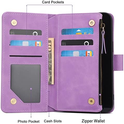 תיק ארנק ראניוק לאייפון 14 עם מחזיק כרטיס אשראי חוסם כרטיס אשראי, ארנק כיס רוכסן מעור מפוצל עם רצועת יד נרתיק מגן, סגול