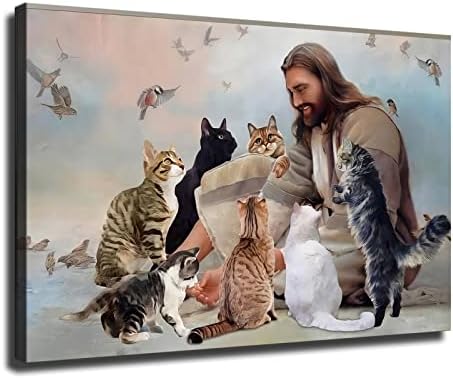 ישוע נוצרי אלוהים מוקף בחתולים מלאכים לאנשים אוהבים חתולים פוסטר ואמנות קיר תמונה מודרנית פוסטר עיצוב חדר שינה מודרני