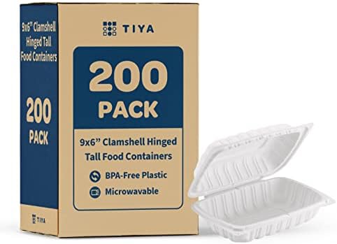 מכולות מזון של Tiya Clamshell - חבילות 200 בתפזורת לבנה, 9x6in. - מכולות אחסון מפלסטיק מפלסטיק ללא הפסקה - Taking Restaur Restaurant הניתן