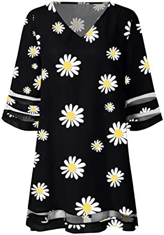 נשים קצר שמלת קיץ מזדמן רשת טלאי 3/4 פעמון שרוול רופף אונליין טוניקת שמלת זורם חולצה שמלות