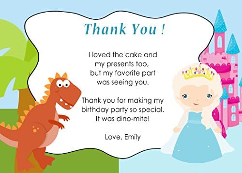 30 כרטיסי תודה הערה T-REX דינוזאור טירת נסיכה חורפית עיצוב תאומים אחים מקלחת לתינוקות מסיבת יום הולדת כרטיסים מותאמים אישית + ​​30 מעטפות