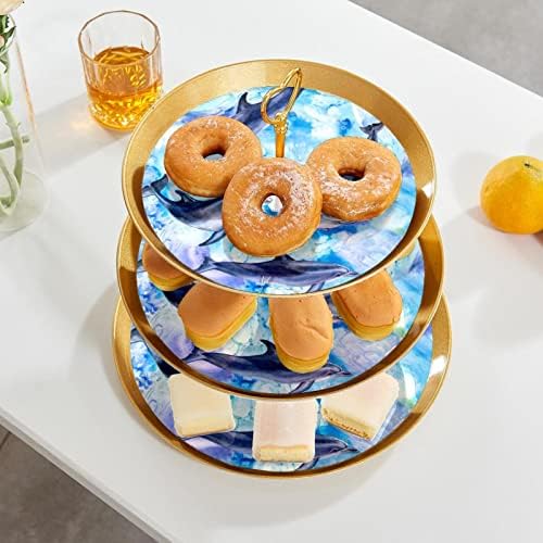 עמדות עוגות בעלות 3 חלקים, סט, צבעי מים חמודים דולפינים מפלסטיק מחזיק עוגות ממתק קינוח קינוח תצוגה לחתונה למסיבת תה יום הולדת