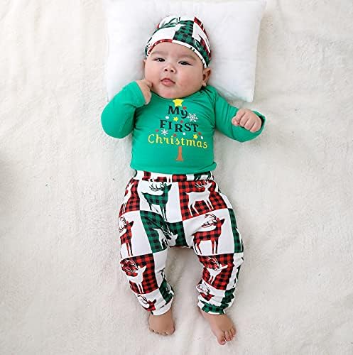 היההה יילוד תינוק תינוק תינוקות חג המולד תלבושות ראשונה לחג המולד הראשון שלי שרוול ארוך צבי רומפר מכנסיים מודפסים סט בגדים