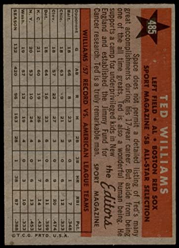 1958 Topps 485 אולסטאר טד וויליאמס בוסטון רד סוקס VG/EX+ Red Sox