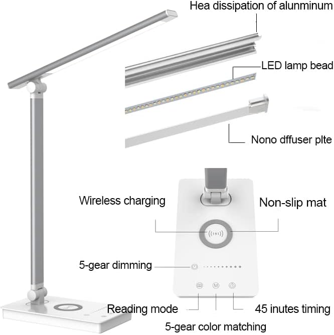 מנורת שולחן LED של Raenu עם מטען מהיר, 5 טמפרטורת צבע, 5 בהירות, ממשק טעינה USB שליטה רגישה, 45 דקות תזמון אוטומטי, מתאים לחקר משרדי מיטת