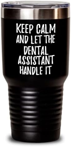 שמור על רגוע ותן לעוזר השיניים לטפל בזה כוס מצחיק עמיתים לעבודה משרד גאג מבודד כוס מבודד עם מכסה שחור 30 גרם
