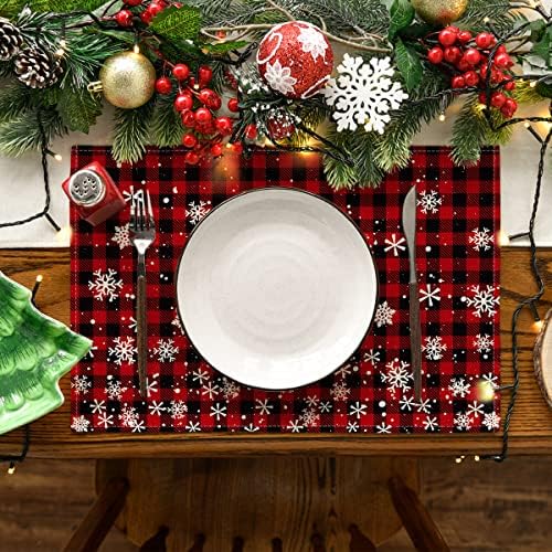 מצב ארטואידי אדום ושחור משובץ משובץ פיקסמטים לחג המולד לשולחן אוכל, 12 x 18 אינץ 'חורף עונתי חג המולד פתיתי שלג כפרי וינטג' חג ההודיה
