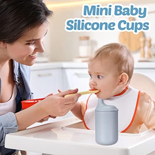 4 יחידות כוס קש לתינוק עם קש ומכסה הוכחה לשפוך כוס סיליקון כוס קש 6 עוז כוס קש לתינוק כוסות פעוטות לתינוק 6+ חודשים, אפור, חום, כחול,