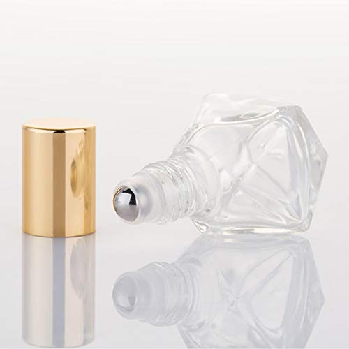 בקבוק רולר זכוכית בצורת 5 מיליליטר לשמנים אתרים, בקבוקי זכוכית מיני עם כדורי רולר מנירוסטה, כובעי אלומיניום זהב מיכל בושם ארומתרפיה בקבוקון