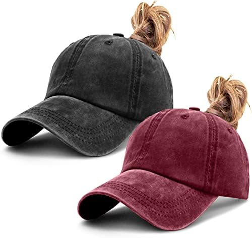 2 חבילה נשים שטף במצוקה בייסבול כובע עם קוקו חור בציר כותנה ספורט כובע מבולגנים גבוהה לחמנייה כובע