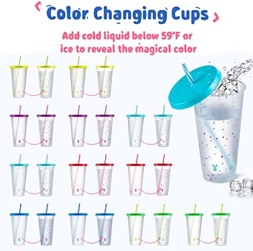 כוסות להחלפת צבע מיוקי עם מכסים וקשיות-12 מארז 24 אונקיות כוסות פלסטיק לשימוש חוזר לילדים ומבוגרים, כוסות להחלפת צבע קונפטי לקפה קר, מסיבה,