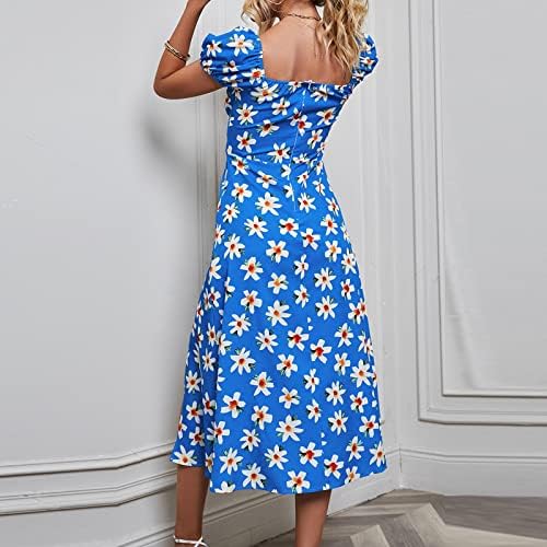 שמלת icodod שמלת נשים 2023 הדפס פרחים מזדמן של קיץ שרוול קצר צוואר מרובע חוף מפוצל חוף שמלות ארוכות לנשים