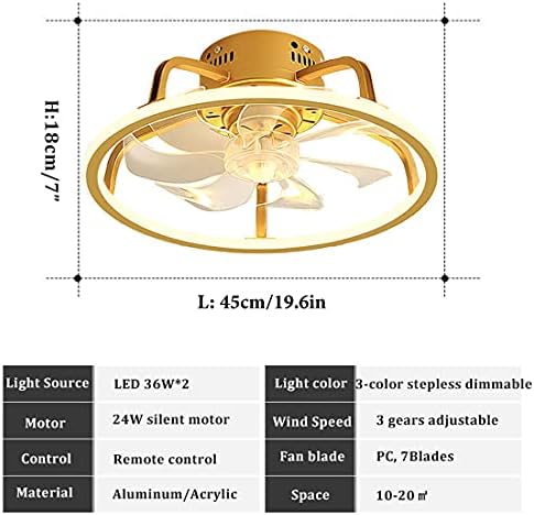 מאוורר חדר שינה של Cutyz LED עם תאורת תקרה ושלט רחוק שקט 3 מהירויות עמדי תאורה תקרת מאוורר 45 סמ