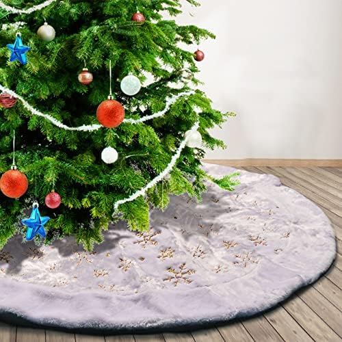 חצאית עץ חג המולד של Deggod לבן עם פתיתי שלג נצנצים זהב, 48 אינץ