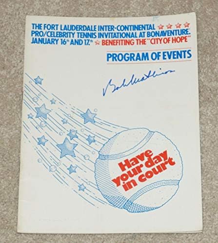 בוב מתיאס חתם על תוכנית טורניר הטניס של סלבריטאים משנת 1980-מגזיני מכללות חתומים