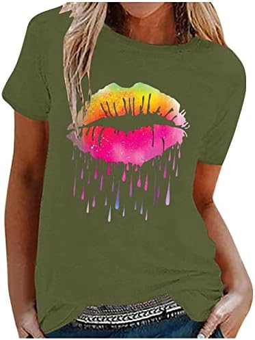 שרוול קצר לנשים שפתיים צבעוניות מדפיסות חולצת טריקו קיץ צוואר עגול עגול חולצות טי גרפיות חמודות למעלה