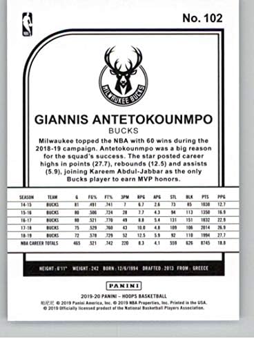 2019-20 Panini Hoops 102 Giannis Antetokounmpo Milwaukee Bucks NBA כרטיס מסחר בכדורסל