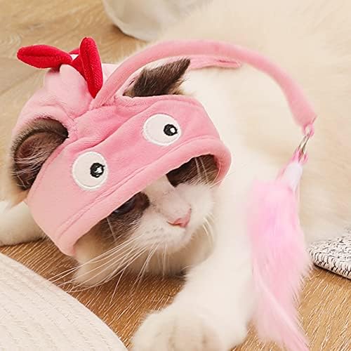 כובע חתול עם צעצוע מחובר, צעצוע חתול אינטראקטיבי עצמי לחתול מקורה, תחפושת חתול חתול רכבה ראשית, ורוד