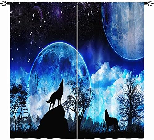 וילונות האפלה חלל אנהופ, יער בעלי חיים זאב גלקסי פלנט כוכב ירח ירח כוכב שמיים כחולים דפוס מוט כיס וילונות חלון מבודדים תרמיים לילדים בנים