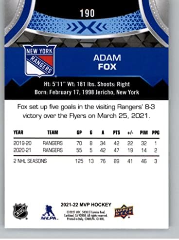 2021-22 סיפון עליון MVP כחול 190 אדם פוקס ניו יורק ריינג'רס רשמי כרטיס הוקי NHL במצב גולמי