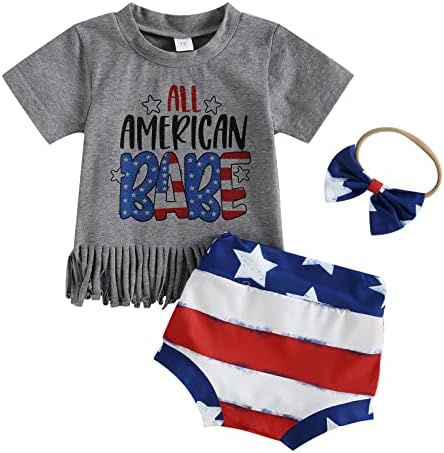 JLKGICF 4 ביולי תלבושת תינוקת תינוקת מערבית בגדי תינוקות אמריקאים דגל אמריקאי הדפס חולצת שרוול קצר