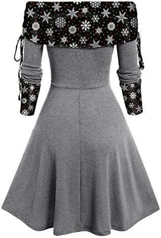 נשים מחוץ לשמלת כיסוי כתף שרוול מזדמן שרוול ארוך מתלקחות שמלות מידי שמלות טלאים להדפסת שלג עם כפתור