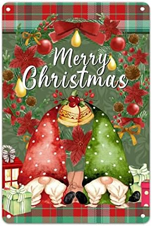 קופסת מתנה של גנום שלט מתכת לחג המולד זר אדום ירוק באפלו משובץ שלט פח רטרו חווה רטרו קיר חג המולד אמנות חידוש מצחיק שלט למסדרון חדר תפירה