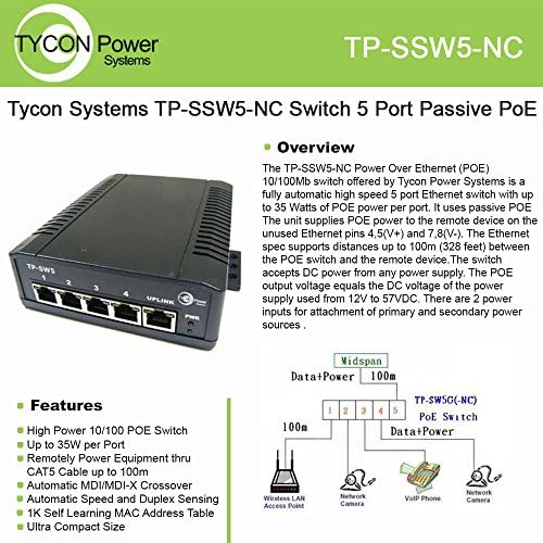 Tycon Systems Inc TP-SSW5-NC 12-56V 5 מתג POE פסיבי של יציאה