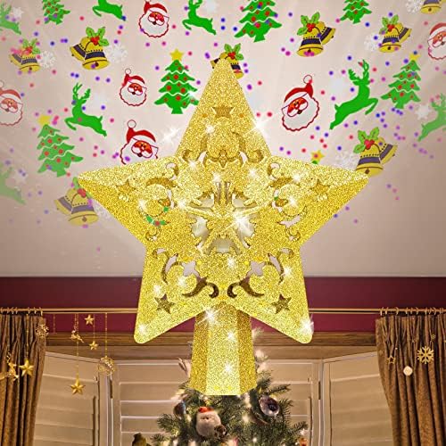 טופר עץ כוכב חג המולד עם אורות מקרן LED, גליטר תלת מימד זהב זהב חלול פנטגרם עץ טופר, חבר קישוט עץ חג המולד למשרד מקורה חג המולד לשנה החדשה
