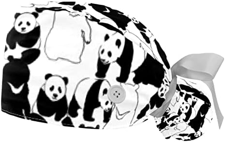 Jaruis Work Cap Panda ודוב שחור לבן דוב מודפס כובעי מגן לשיער זיעה נושמת סופגת כובע קוקו עם כפתורים בגודל אחד מתאים לכל שני החבילות